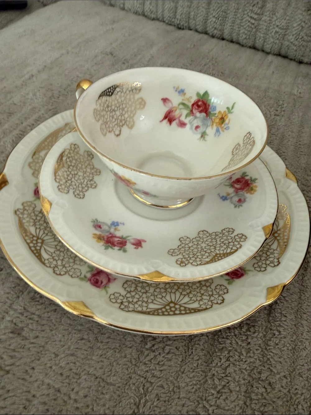 Vintage Seltmann Weiden Germany U.S. Zone Tea Cup Saucer Dessert Plate Trio Gold